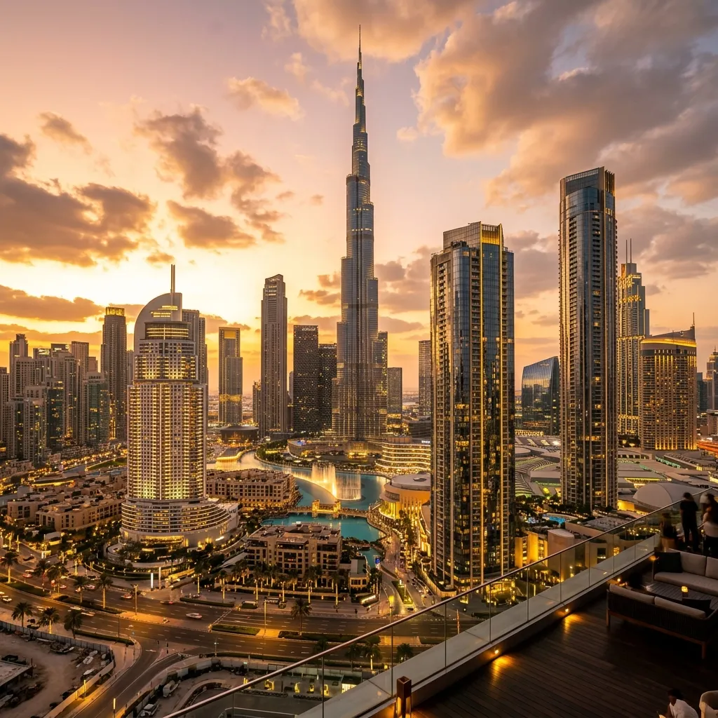 Dubai skyline with Burj Khalifa at sunset